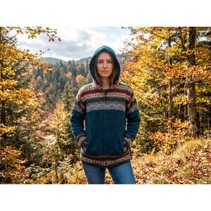 Yari Artesanias Wool Aztec Western Zip Up Hoodie Jacket Women's M Blue Outdoors